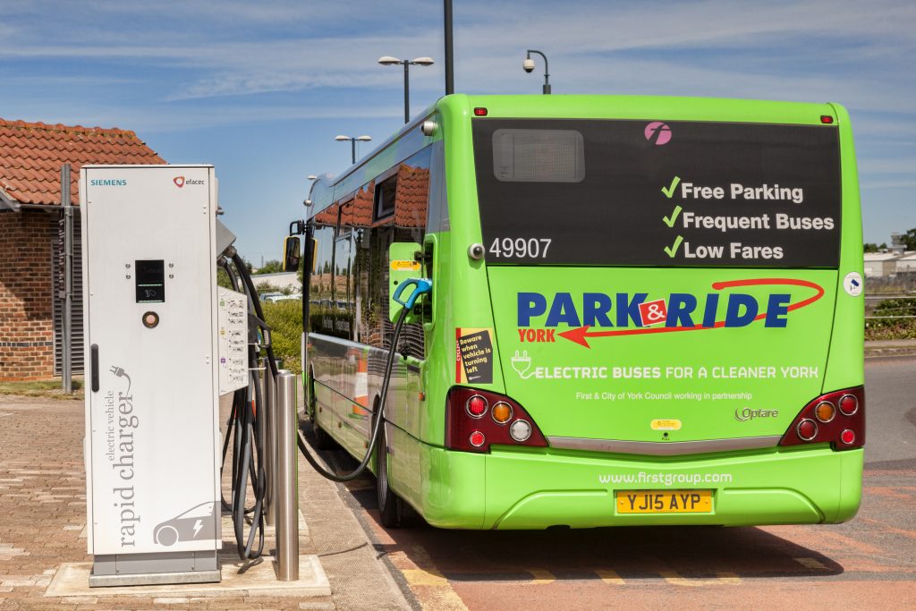 York, North Yorkshire, England, UK - Electric bus being re-charged at York Park and Ride.