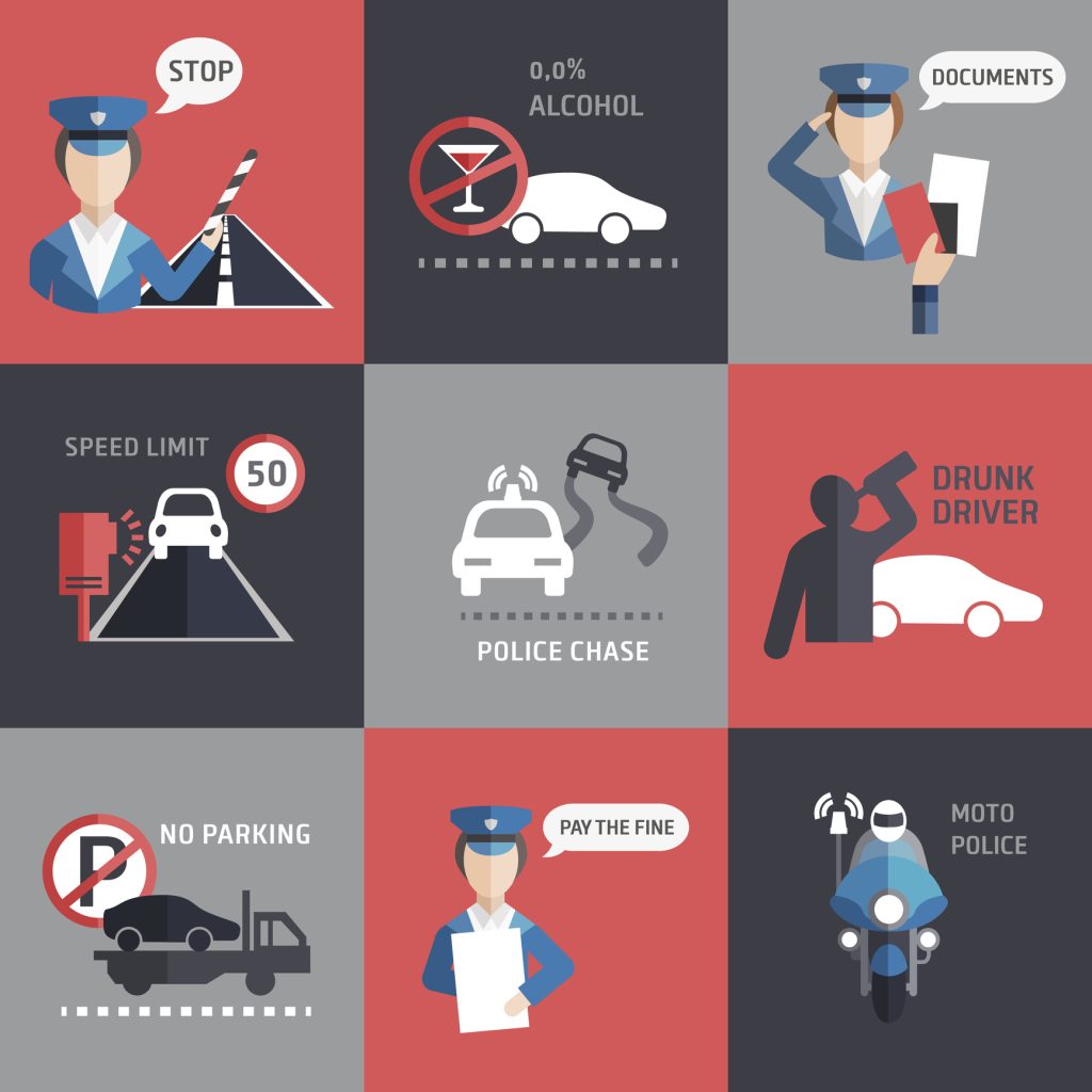 Road police flat style back groud vector set, cartoon images of police interventions like drunk driver, speeding, police chase, no parking etc.